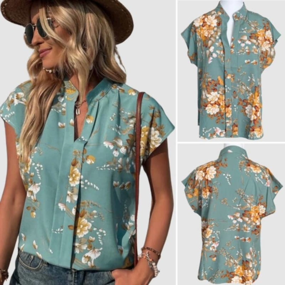 SHEIN Split Neckline Capped Sleeve Blouse Sea Green Floral Print-Size Small